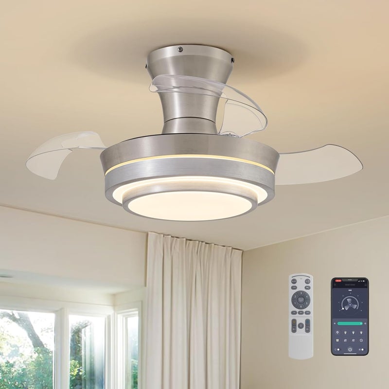 APBEAMLighting Retractable Small Led Ceiling Fan with Light and Remote 28 Inch Low Profile Brushed Nickle Modern Fandelier for Bedroom Living Room Dimmable 6 Speed Reversible Smart Ceiling Fan - Image 1